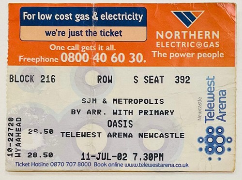 Oasis original gebrauchte Konzertkarte Telewest Arena Newcastle 11. Juli 2002