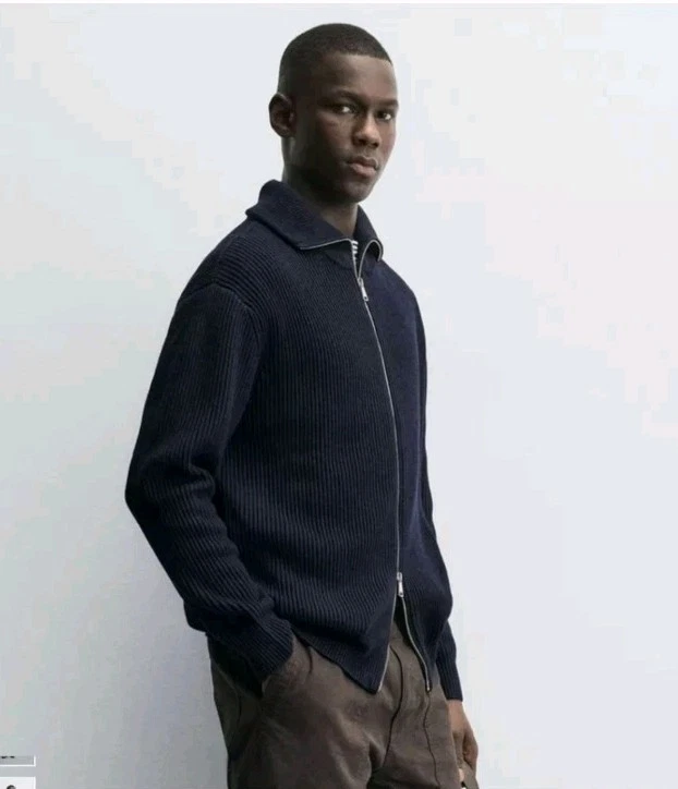 Cárdigan Suéter de Lana Zara Origins Azul Marino Oscuro Cuello Cremallera Talla XL Foto 4 de 4