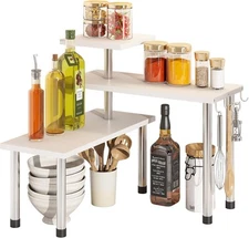 BMOSU Kitchen Corner Shelf Countertop Organizer with Hooks White+silver Legs 