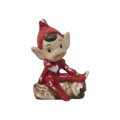 Vintage 1950's Japan Ceramic Pixie Elf Sitting on Log Figurine