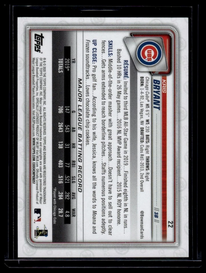 2020 Bowman #22 Kris Bryant Purple #/250 - Image 2 of 2