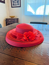 August Red Wide Brim Church Derby Hat Ribbon Flower Trim Formal Dress Hat 15 In