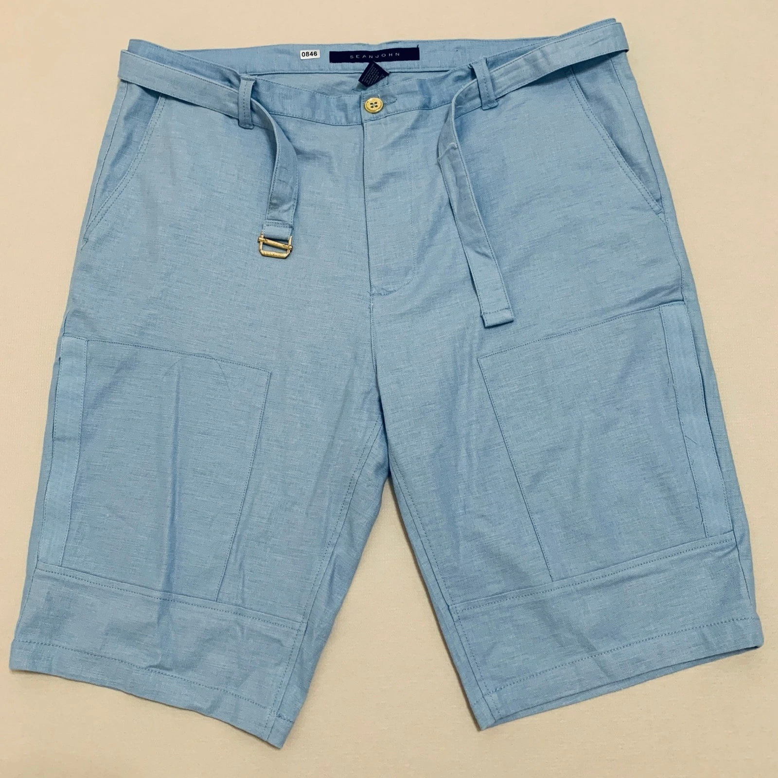 Sean John Men's 38 Light Blue Flat Front Belted Linen Blend Shorts 12.5" Inseam