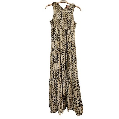 re:named Cream Black Geometric Triangle Smocked Tiered Maxi Dress Womens Large