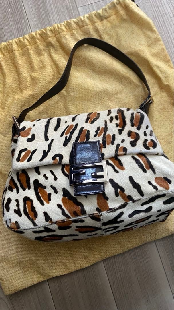 FENDI Mamma Baguette Leopard Pony Hair Shoulder Bag FF Logo Brown