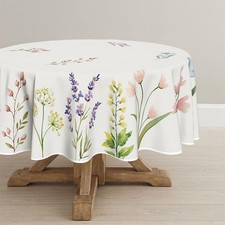Spring Summer Tablecloth 70x70 Inch Round, Easter Watercolor Wild Flowers Blo...