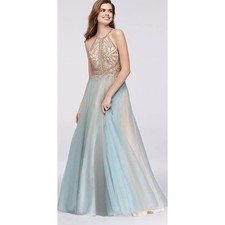 Glamour High Neck Crystal Beaded Halter Gown Tulle Skirt Prom Pageant Blue Sz 8