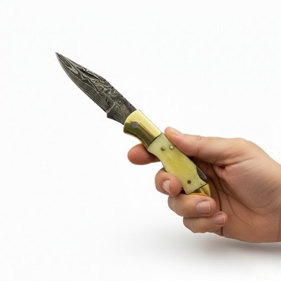 Damascus Steel Lock Back Folding Pocket Knife w/Sheath - Handmade Bone Handle