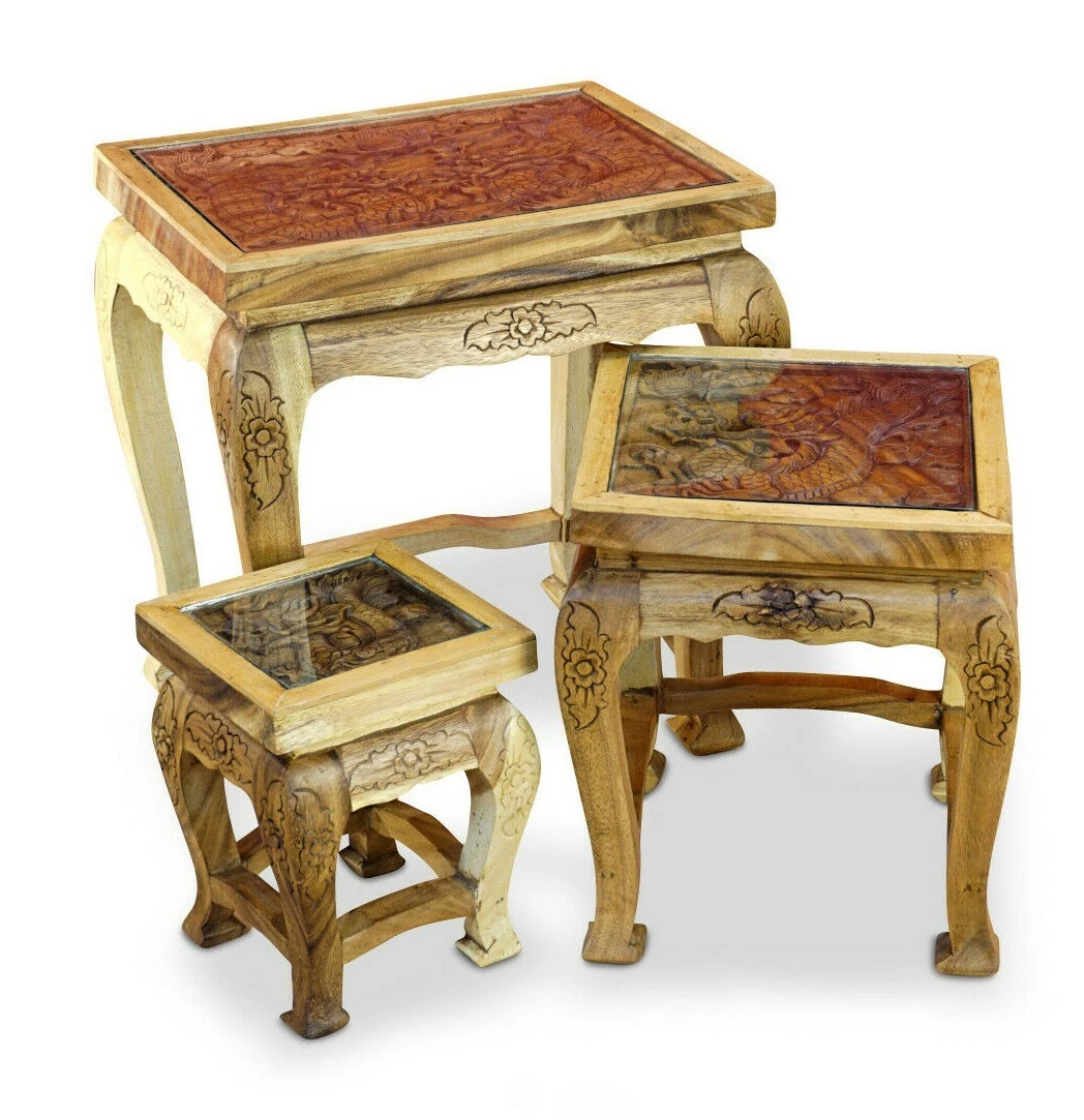 Table D'appoint Asiatique Bois Massif Sculpté, éléphants Et Scène Sacrée, Thaïlande