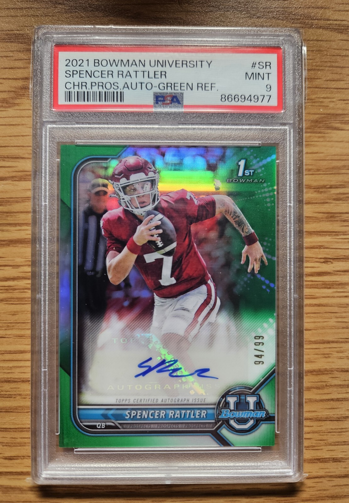 2021 Bowman University Spencer Rattler Green Auto/99 PSA 9 Chrome Prospects #SR