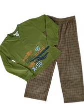 Airplane Pajamas Set Boys Size 5 Green Shirt Plaid Pants Long Sleeve Sleepwear