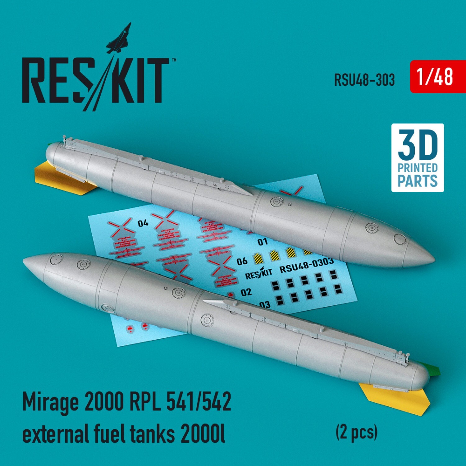 Mirage 2000 RPL 541/542 Fuel Tanks 2000lt (2) 1/48 3D ResKit RSU48-0303