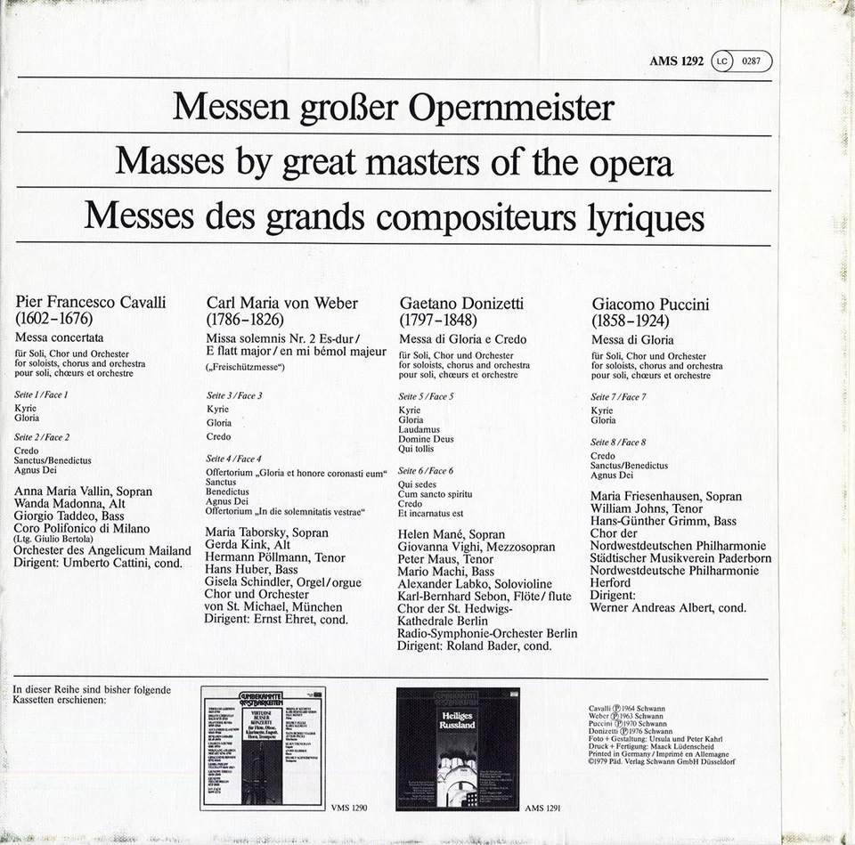 4LP CAVALLI WEBER DONIZETTI PUCCINI Masses CATTINI EHRET BADER Berlin RSO ALBERT - Image 2 of 3