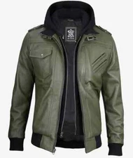 Men's Removable Hood Bomber Moto Biker Real Lambskin Olive Green Leather Jacket