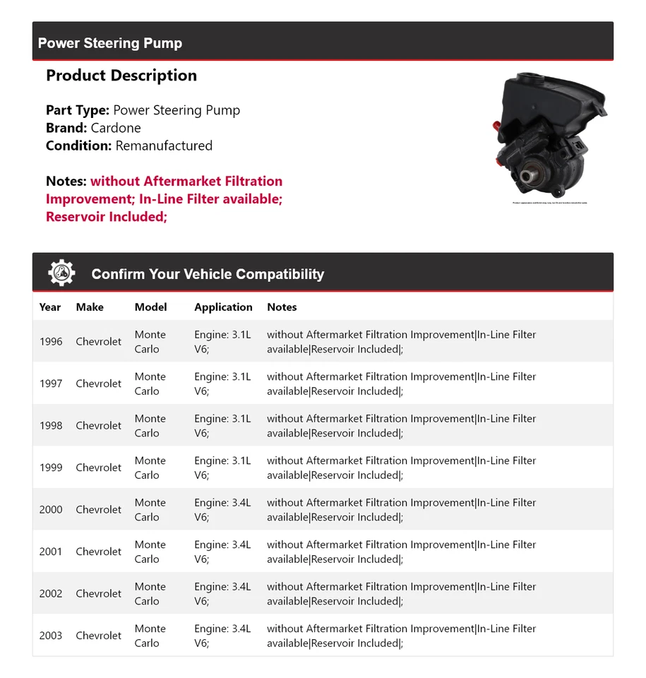 Bomba de dirección asistida Cardone 1997 1998 1999 para Chevrolet Monte Carlo 1996-2003 Foto 2 de 4