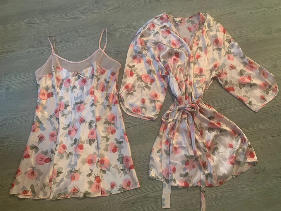 "Juego de camisón vintage Jaclyn Smith L Chemise rosa rosas bata peignoir sexy 36""" Foto 2 de 4