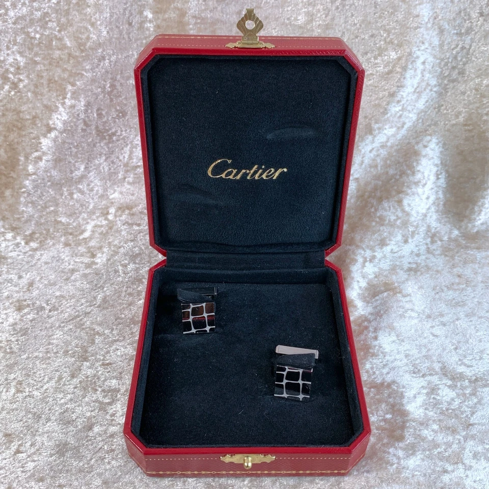 Подлинные запонки Cartier серебро 925 пробы узор крокодил с чехлом - Изображение 2 из 4