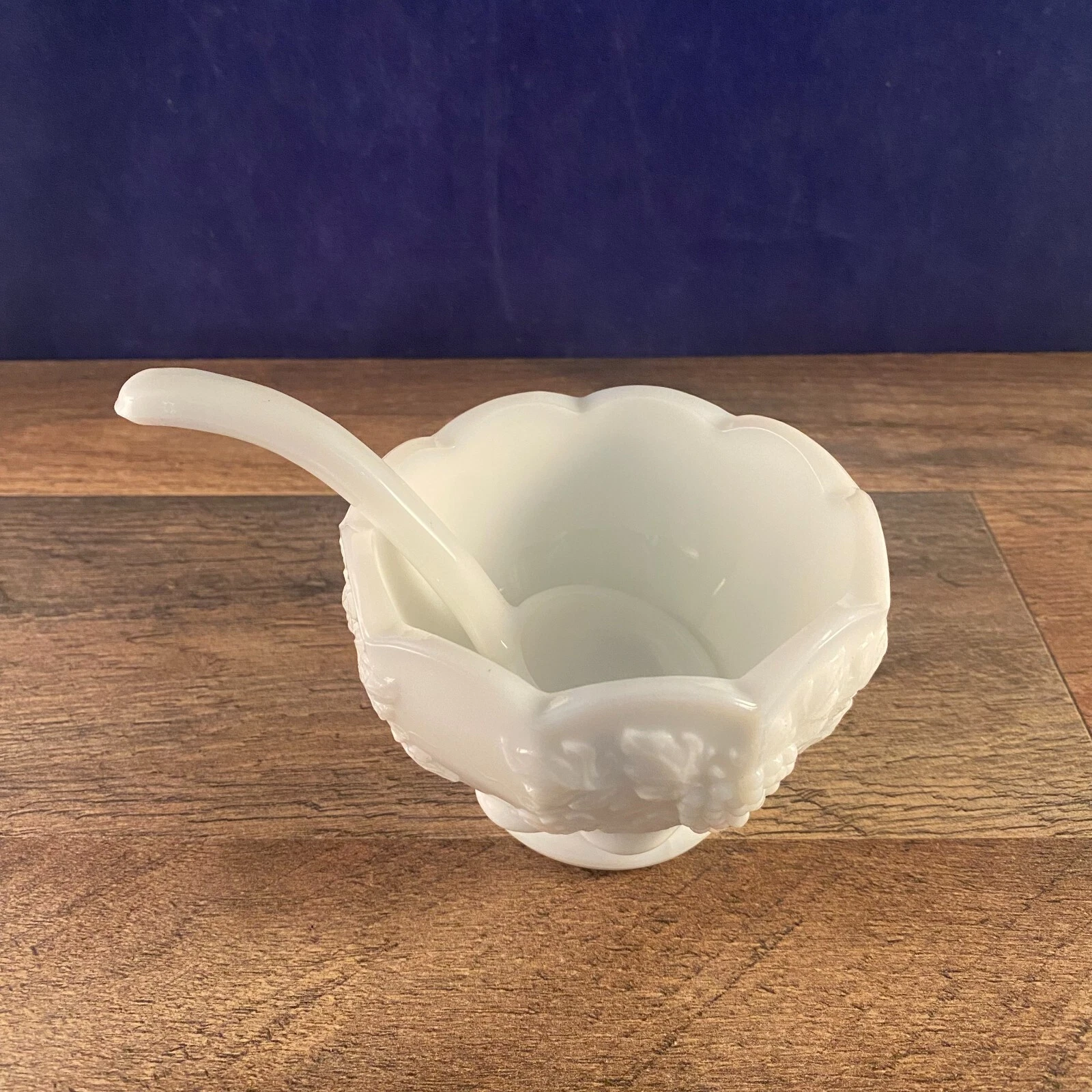 Mayonnaise/Sauce Bowl w/ Ladle Paneled Grape Leaves Milk Glass WESTMORELAND