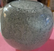 Heavy Pale Blue Glossy Art Glass Vase Bubble Pattern Decorative Round