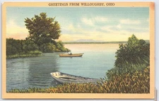 Vintage Greetings From Willoughby Ohio River Scene Postcard Tichnor Bros