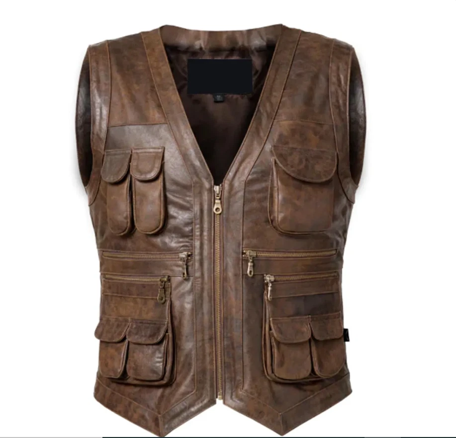 Mens Brown Leather Utility Vest Motorcycle Biker Cargo Multi Pocket Waistcoat