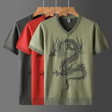 Men Luxury Trendy Dragon V-Neck Knitted Sweater Fashion Short Sleeve Slim Fit