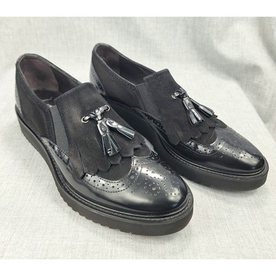 Luca Grossi i Gilardini Black Patent Suede Tassel Brogue Platform Loafers 37.5