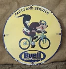 VINTAGE BUELL AMERICAN MOTORCYCLE OIL PORCELAIN ENAMEL DEALERSHIP SIGN 12"