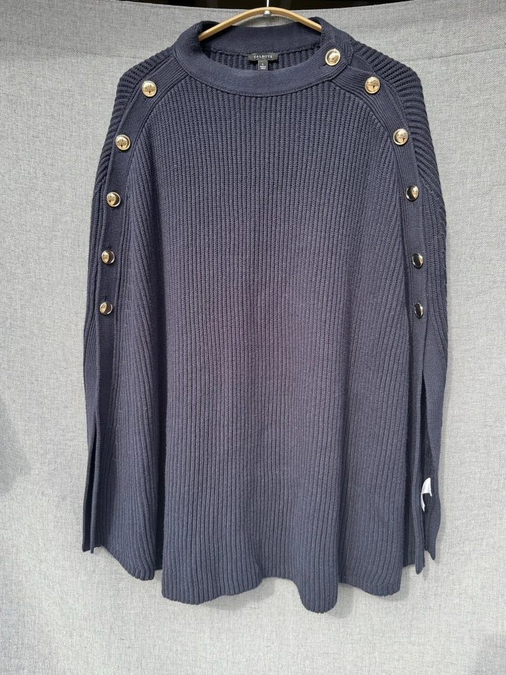 NWT Talbots Gold Button Poncho Shawl Cotton Cable Knit Large Navy Blue Academia - Image 2 of 4