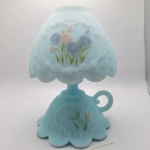 Vintage Fenton Burmese Glass Fairy Lamp Asters 2-pc Hand-painted Signed MCM