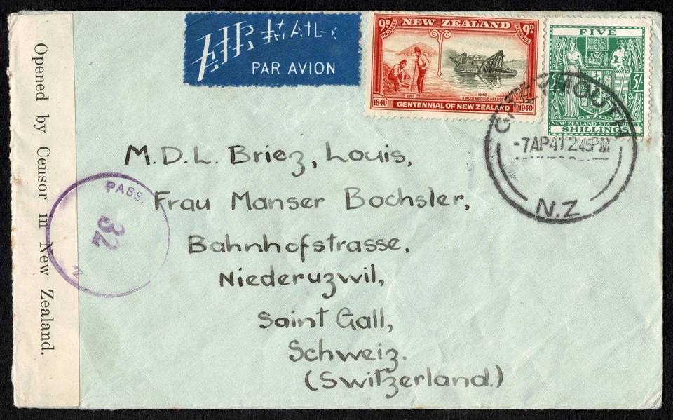 Correo aéreo de Nueva Zelanda 1941, cubierta censurada a Suiza, 5s + 9d Segunda Guerra Mundial Foto 2 de 3