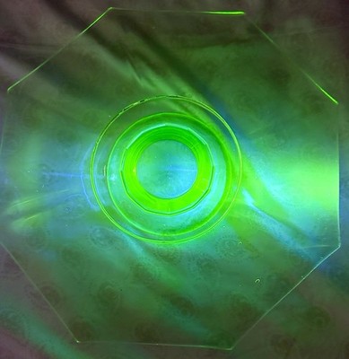 Vtg Tiffin 345 Uranium Glass Cheese & Cracker Server 2 Pc 11'' Octagon Glow Bowl