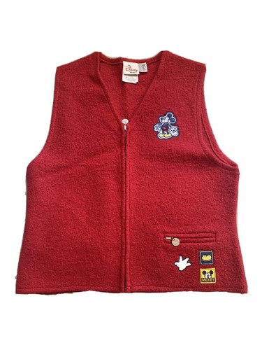 Vintage Disney Store Vest Women's Mickey Patches Wool Full Zip Red Size Medium M - Picture 3 of 5