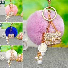 Pom Pom Keychain Crystal Bead Flower Handbag Keyring Keychain Car Key Chain Ring