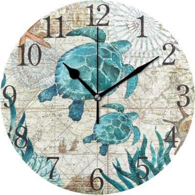 Silent Non Ticking round Wall Clock, Vintage Ocean Sea Turtle Starfish Map Home 