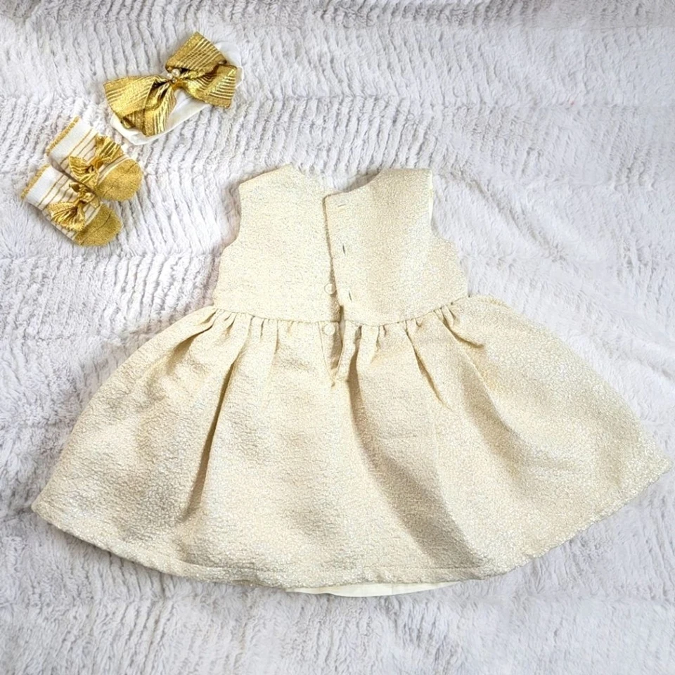 Carters cream gold color baby girl dress 6 months socks and head band - Image 2 of 4