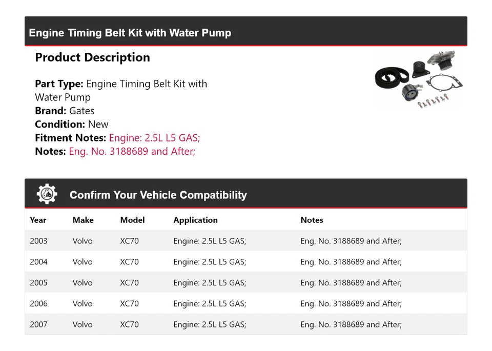 Kit de correa de distribución del motor Volvo XC70 2003-2007 con puertas de bomba de agua 2004 2005 Foto 2 de 3