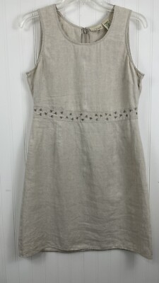LL Bean Womens 100% Linen Dress Round Neck Back Zip Sleeveless Natural Size 6