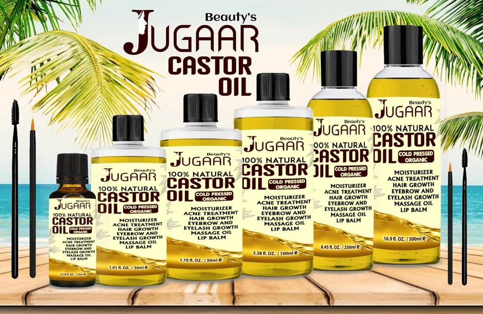 JUGAAR 100% Pure Organic Castor Oil for Eyelashes Eyebrows Hair Growth Cold Pressed