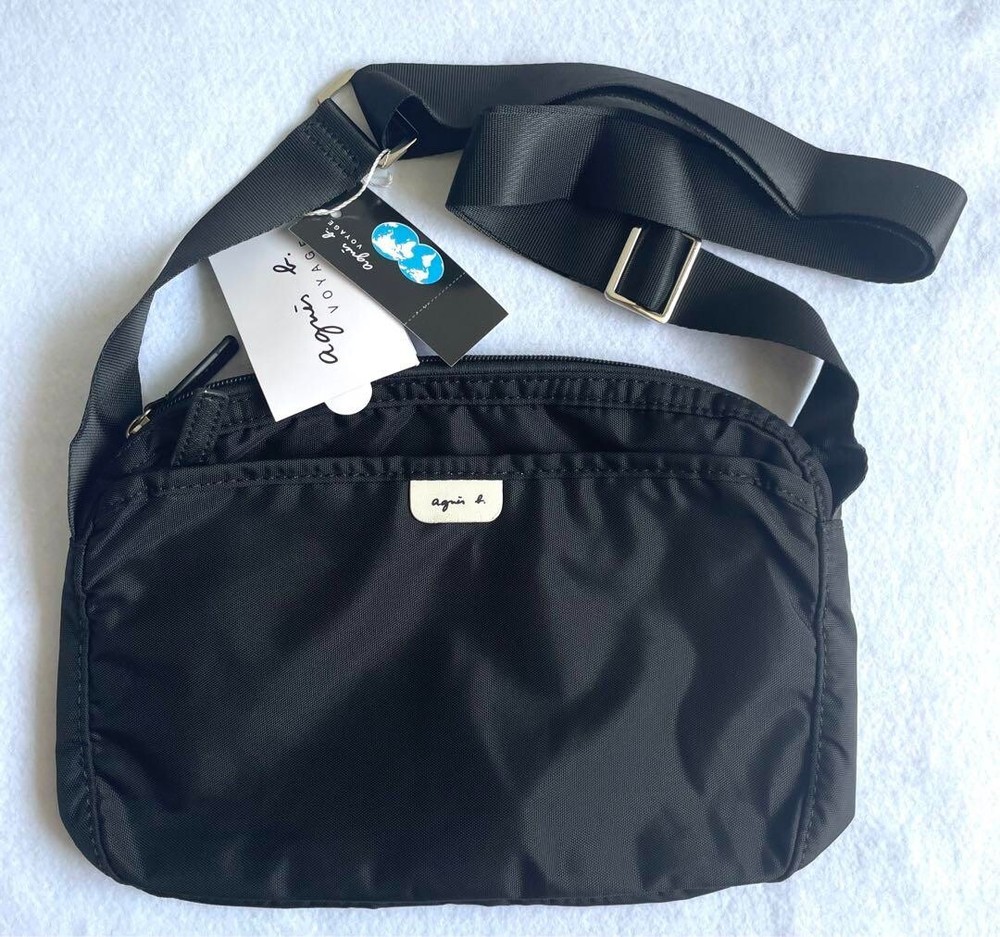 agnes b - Black Blue Nylon Leather Shoulder Bag