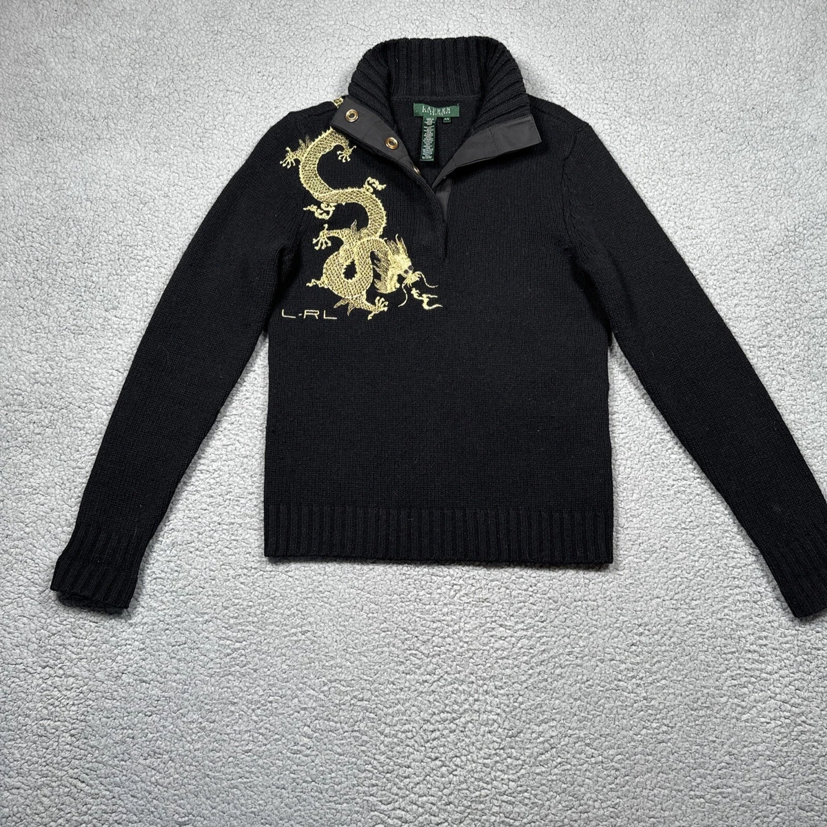 Ralph Lauren Sweater Womens PS Pull Over Black W Gold Dragon Mock