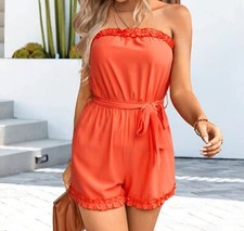 Frill Trim Belted Strapless Romper