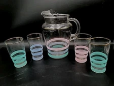 Vintage Pitcher & 4 Tumblers Drink Set LIBBEY PASTEL Frosted STRIPED Glass A+