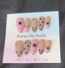 Press-On Nails Coffin Long Shiny Star Leopard Pink Beige Black Full Cover