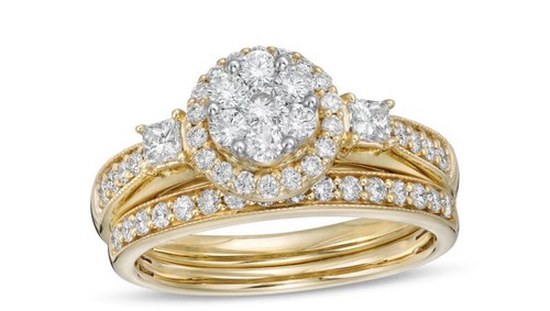 Zales 10k Yellow Gold Round White Diamond Halo Engagement/Wedding Ring Set 8.5