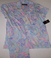 NWT Ralph Lauren BLUE/PURPLE/PINK PAISLEY SOFT KNIT CAPRI Pajama Set Women's M