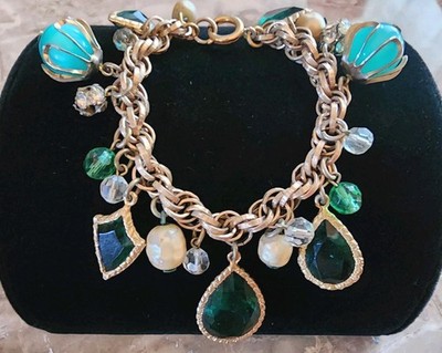Accessocraft RETRO EMERALD GREEN & BLUE GLASS & LUCITE MOONGLOW CHARMS BRACELET
