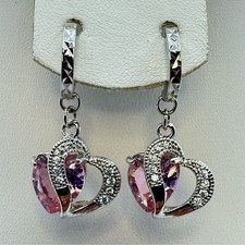 New Silver Plated Pink Cubic Zirconia Heart Dangle Earrings Leverback