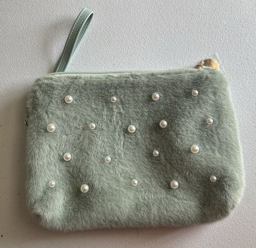 Light Green Faux Fur Cosmetic Bag with Pearl Accents & Wrist Strap 9,5" x 7"