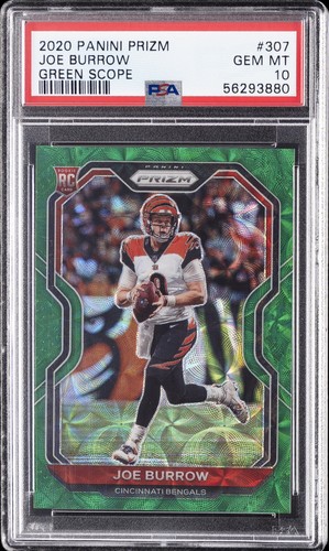 2020 PANINI PRIZM GREEN SCOPE #307 JOE BURROW ROOKIE RC #/75 PSA 10